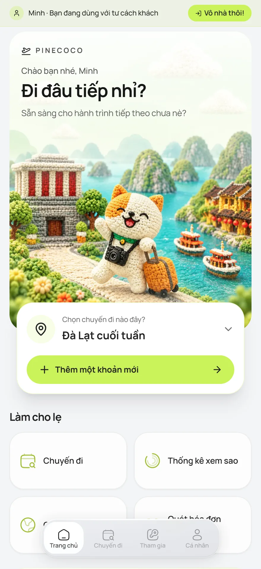 PineCoco — màn hình Trang chủ, ảnh chụp ứng dụng thực tế