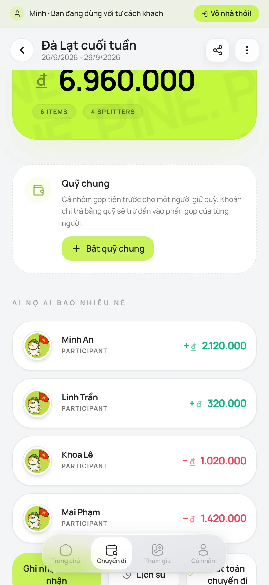 PineCoco — màn hình Chia chi phí, ảnh chụp ứng dụng thực tế